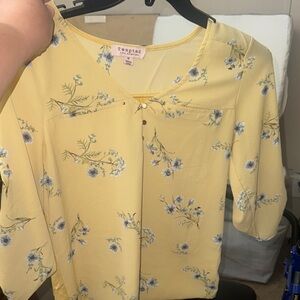 Tempted Yellow and Blue Tie Front 3/4 Sleeve Blouse